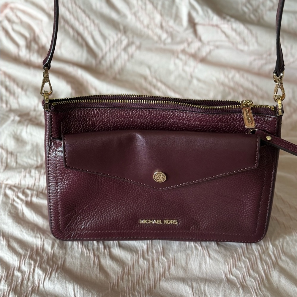 Michael Kors Wine Leather Crossbody Bag with Gold Hardware with wristlet